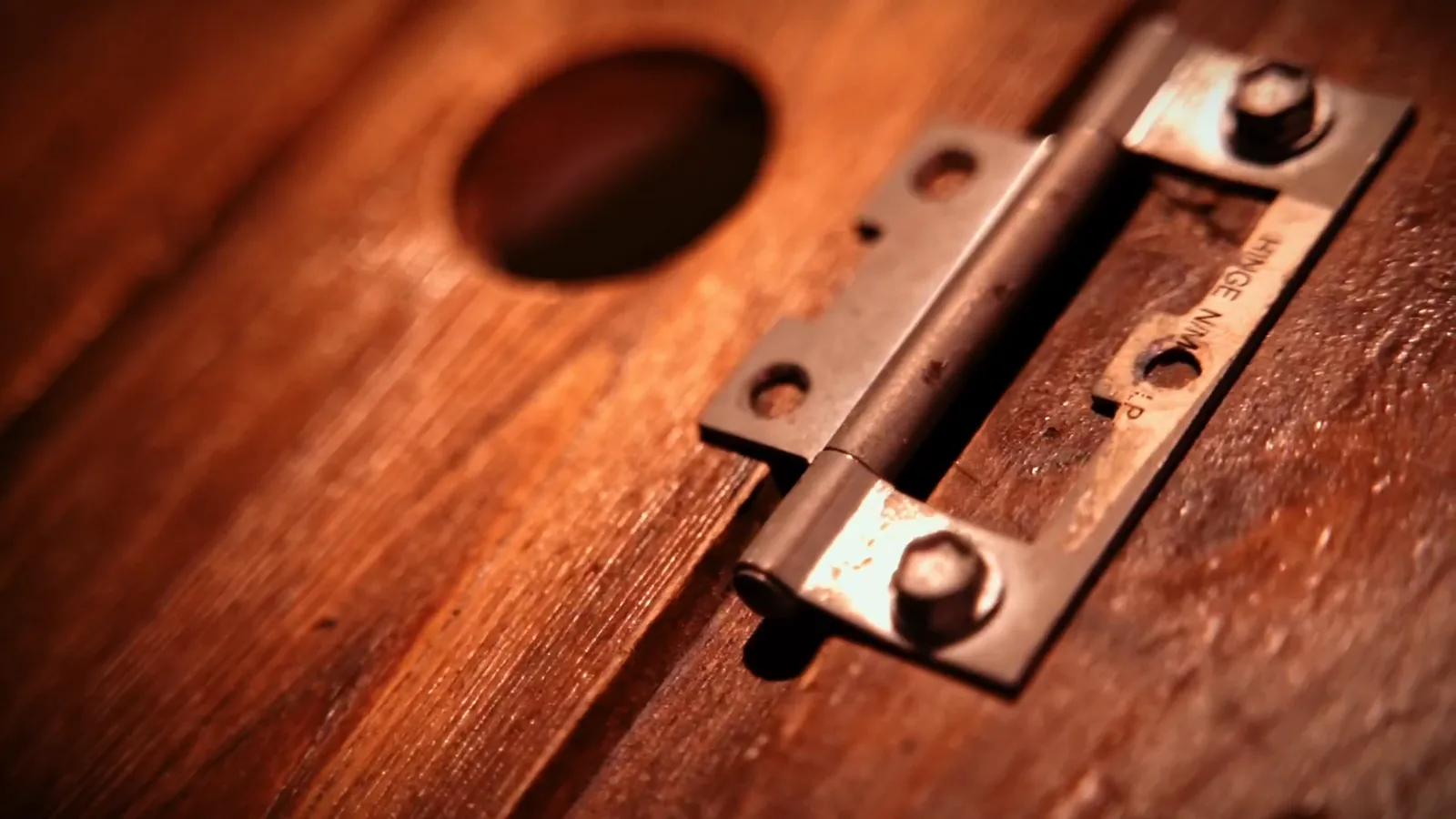 Close-up of a steel hinge screwed into the rough timber of a Buried Alive coffin